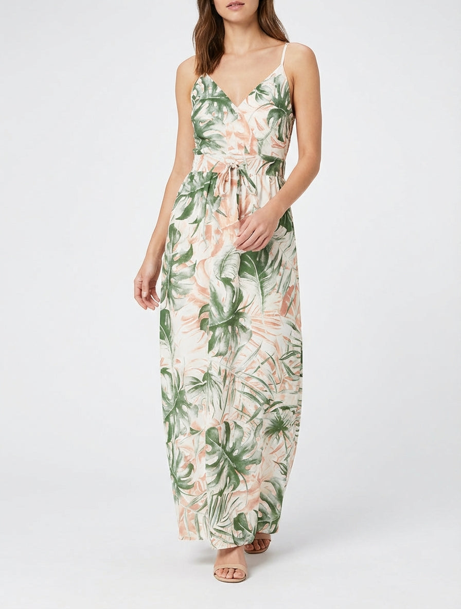 Robe longue à dos élastiqué imprimé feuillage - Kaki