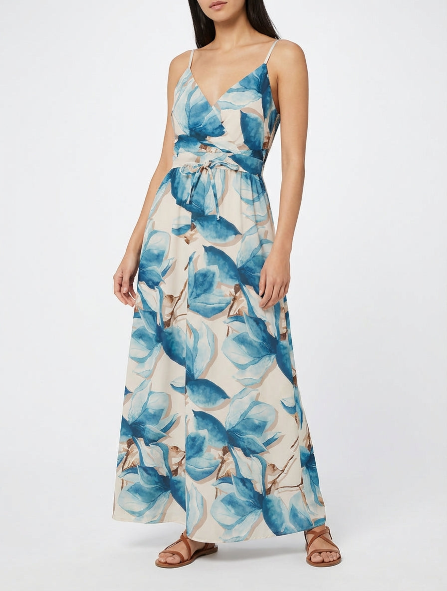 Robe longue empire à bretelles - Bleu canard