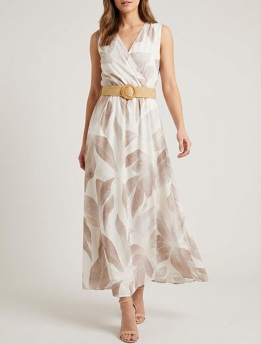 Robe fluide imprimé feuilles avec ceinture - Beige
