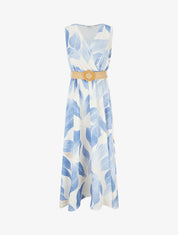 Robe imprimé feuilles à col cache-coeur - Bleu ciel - 1