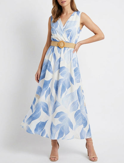 Robe fluide ceinturée à imprimé - Bleu ciel