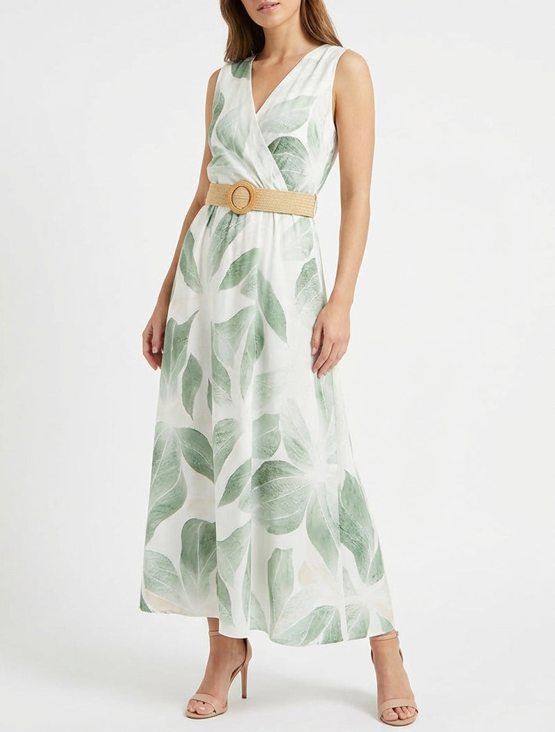 Robe fluide imprimé feuilles ceinturée - Kaki