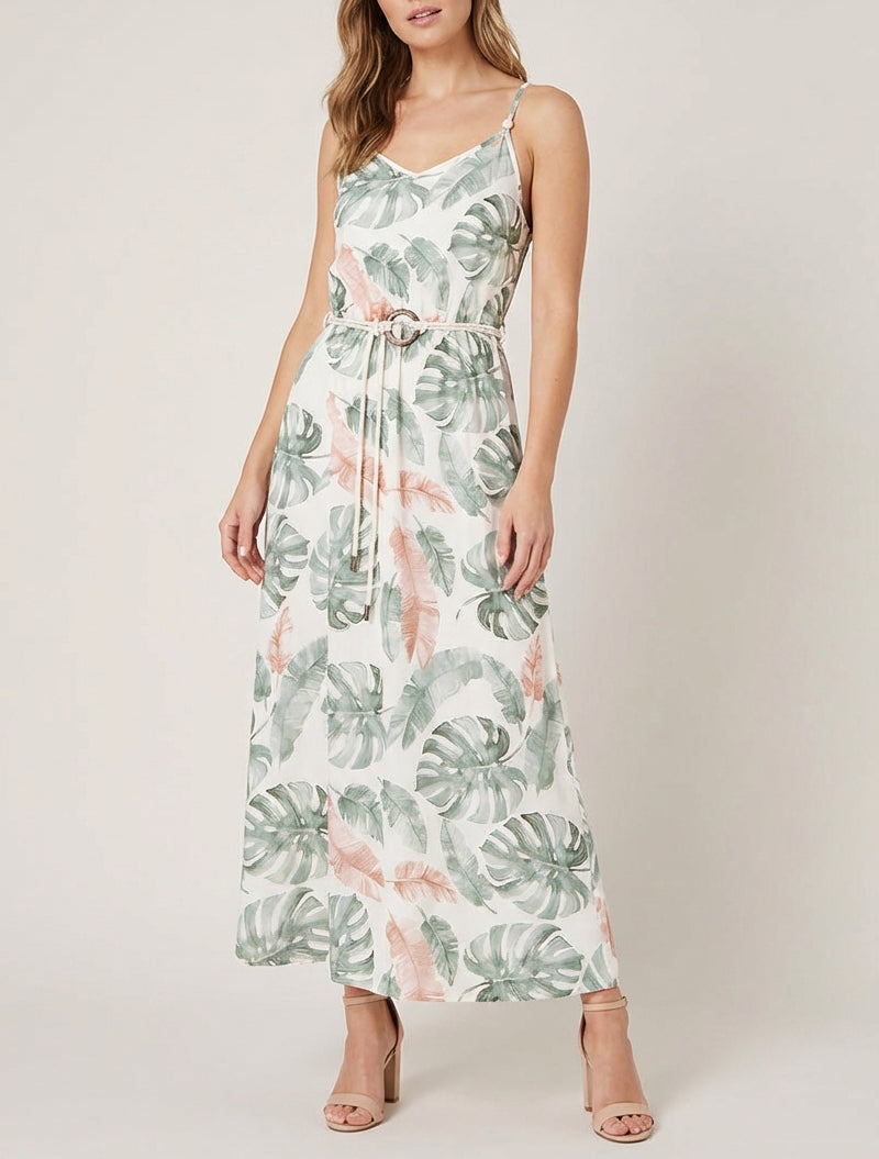 Robe longue col V à bretelles fantaisie - Kaki