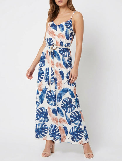 Robe longue col V à bretelles fantaisie - Marine
