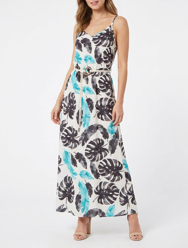 Robe longue col V à bretelles perlées - Noir