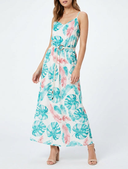 Robe longue col V à bretelles fantaisie - Turquoise
