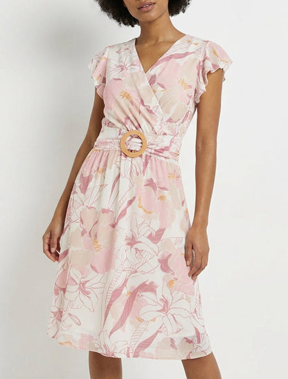 Robe mi-longue cache-cœur à volants - Rose