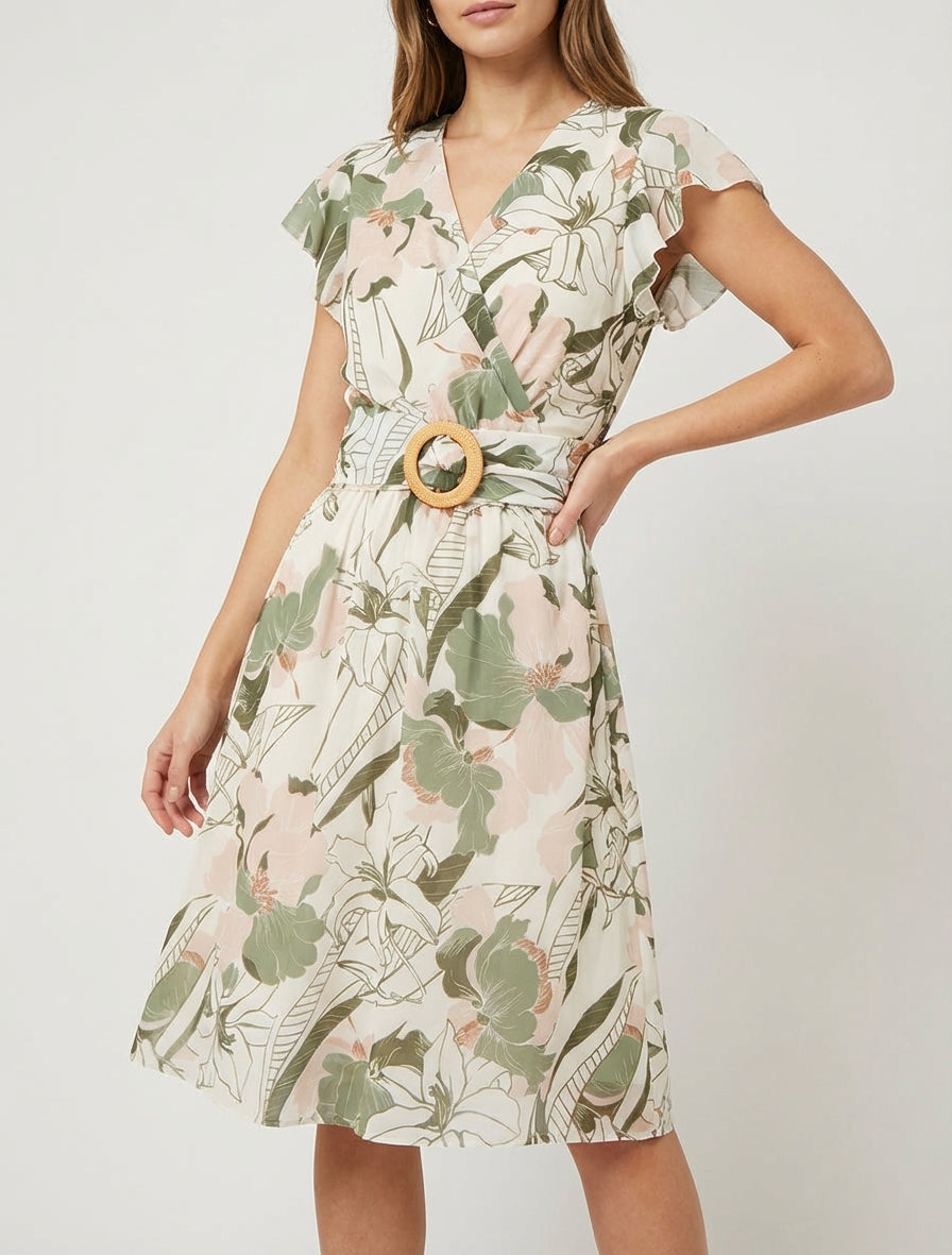 Robe mi-longue cache-cœur fleurie - Kaki