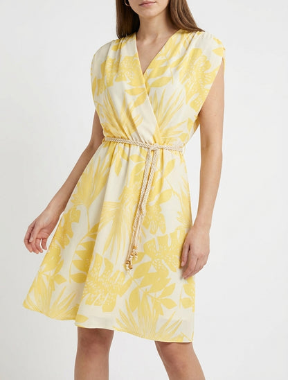 Robe mi-longue cache-cœur tropical - Jaune