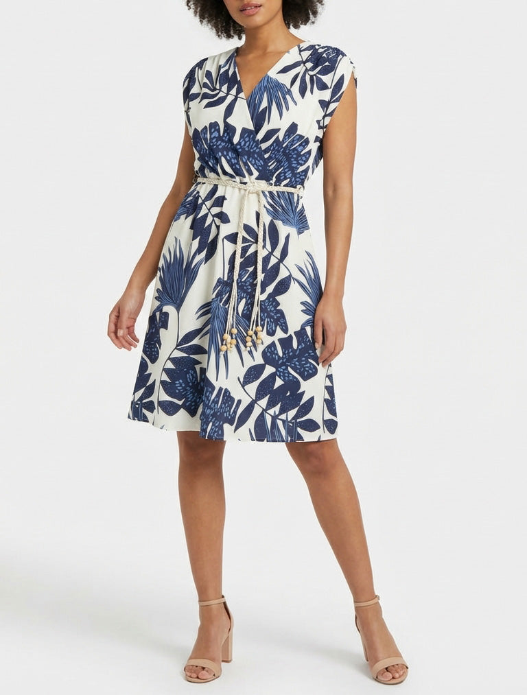 Robe mi-longue cache-cœur tropical - Marine