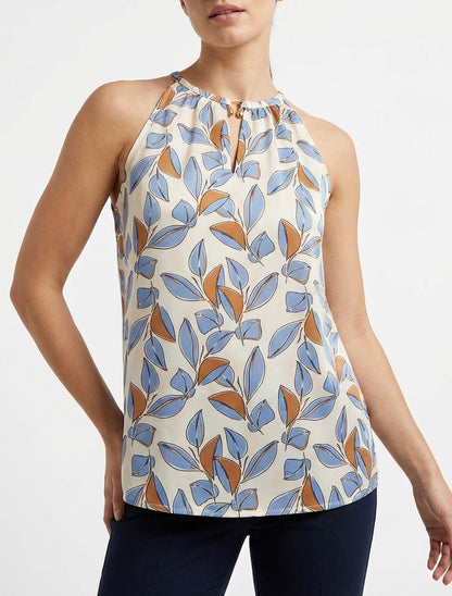 Top satiné col bijou imprimé feuilles - Bleu ciel