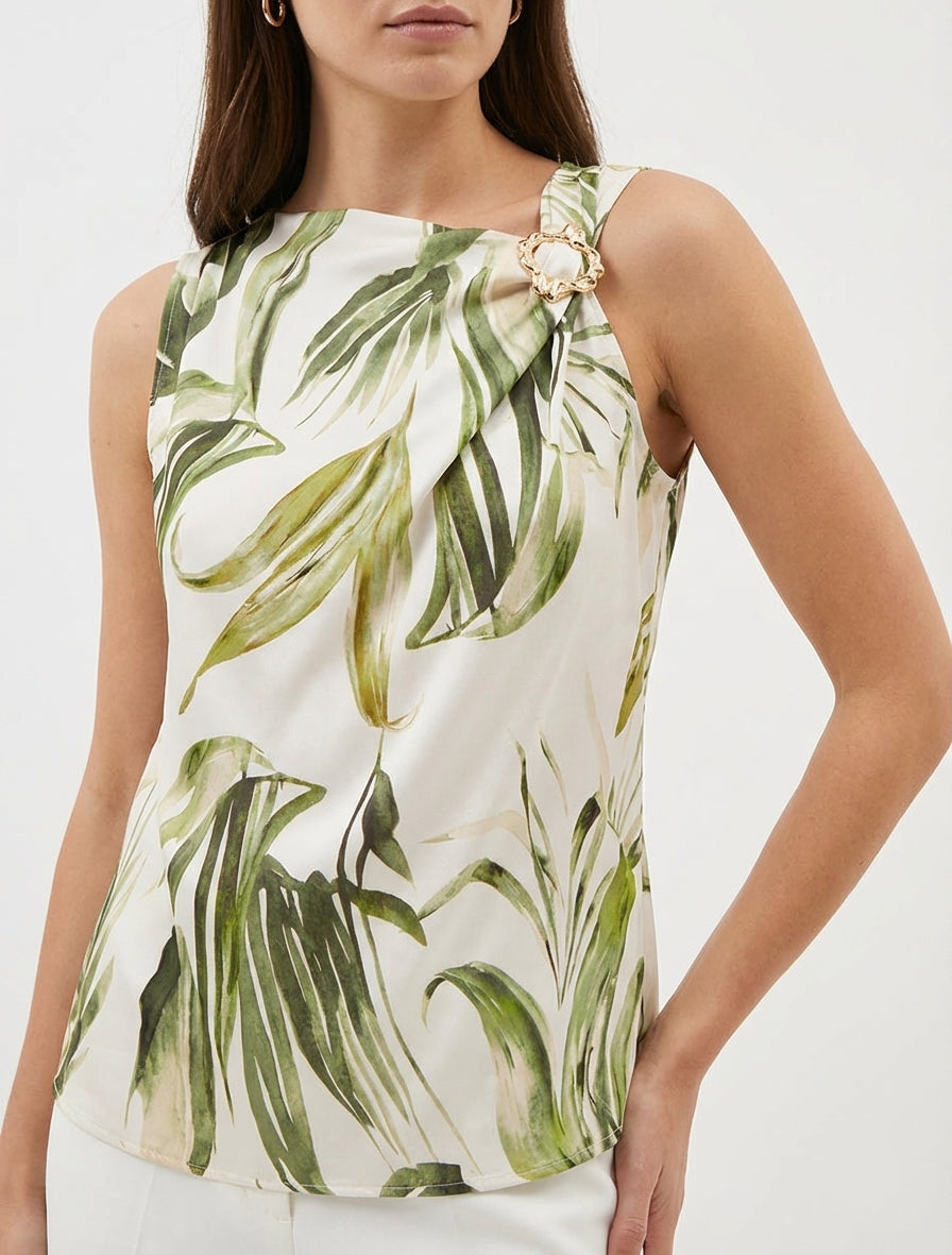 Top satiné col bénitier asymétrique - Kaki