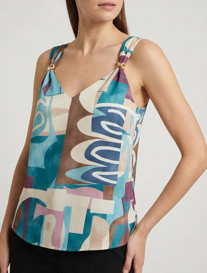 Top droit col V à bretelles bijoux - Turquoise