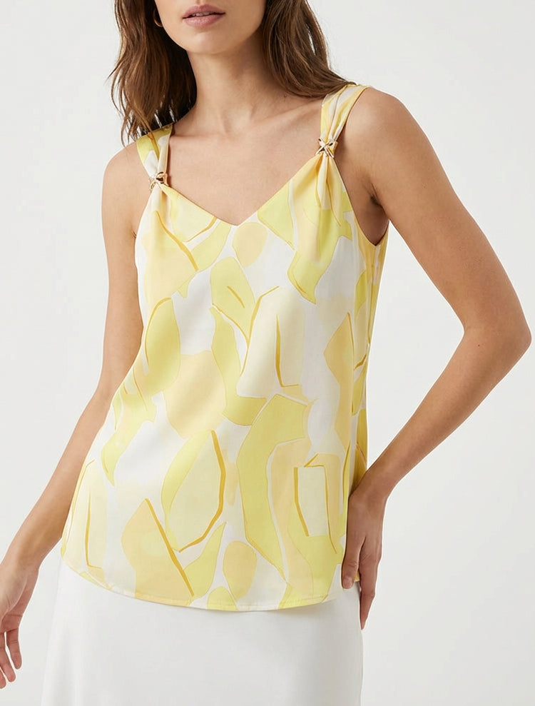 Top satiné col V à bijoux - Jaune