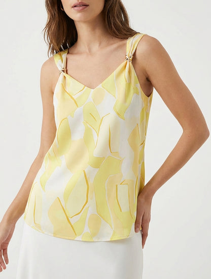 Top satiné col V à bijoux - Jaune