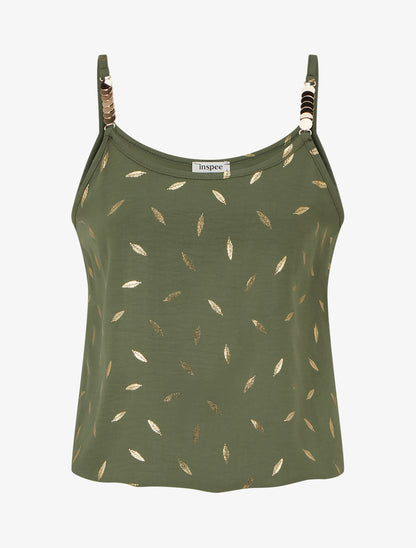 Débardeur à bretelles bijoux et imprimé plume - Kaki - 1