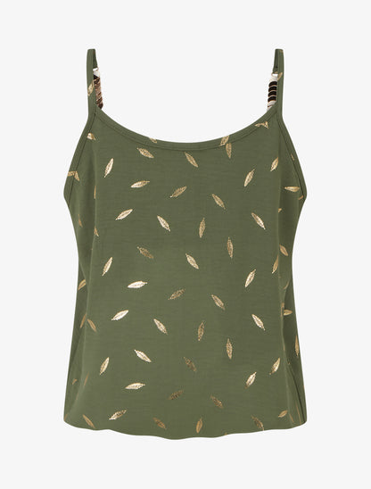 Débardeur à bretelles bijoux et imprimé plume - Kaki - 2