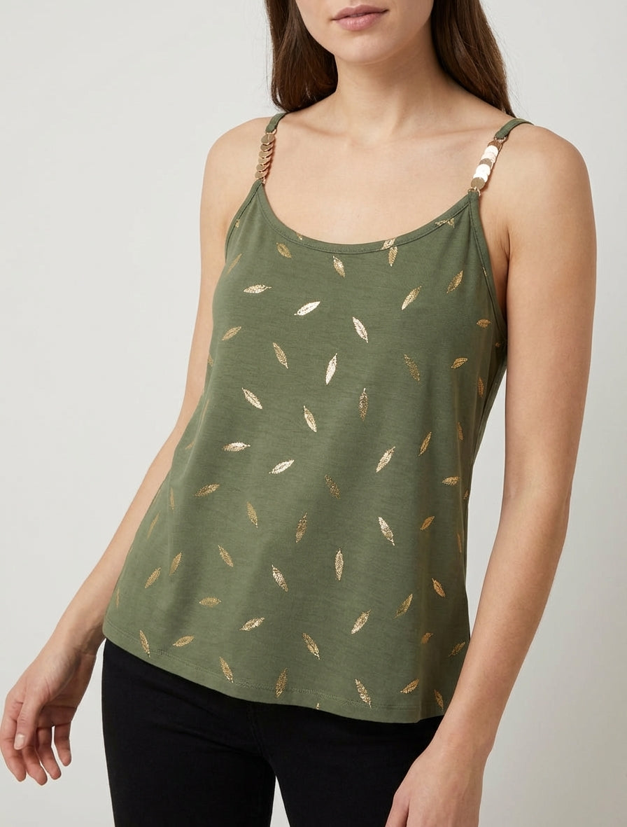 Débardeur fluide imprimé plumes dorées - Kaki