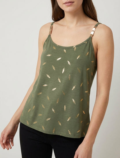 Débardeur fluide imprimé plumes dorées - Kaki