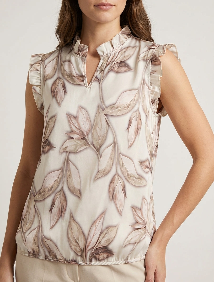 Top boule col V imprimé feuillages - Beige