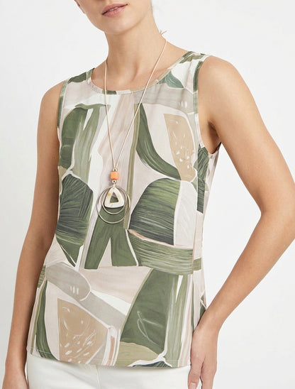 Top fluide col rond imprimé abstrait - Kaki