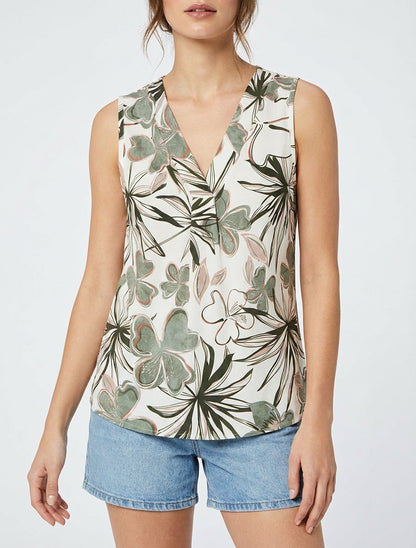Top droit col V imprimé hibiscus - Kaki
