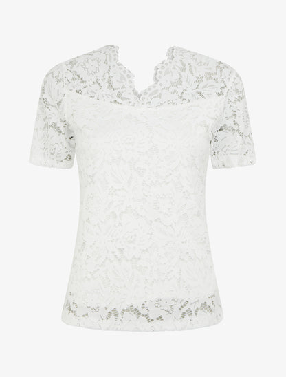 Top en dentelle à manches courtes - Blanc - 1