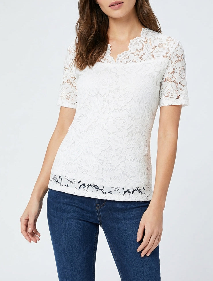 Top en dentelle col V - Blanc