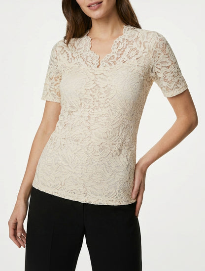 Top en dentelle col V - Beige