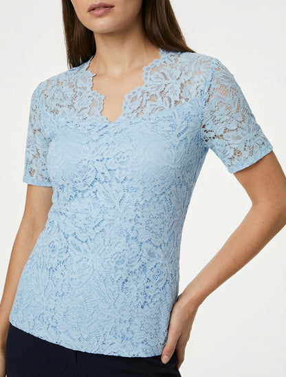 Top en dentelle col V - Bleu ciel