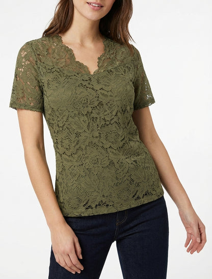 Top en dentelle col V - Kaki