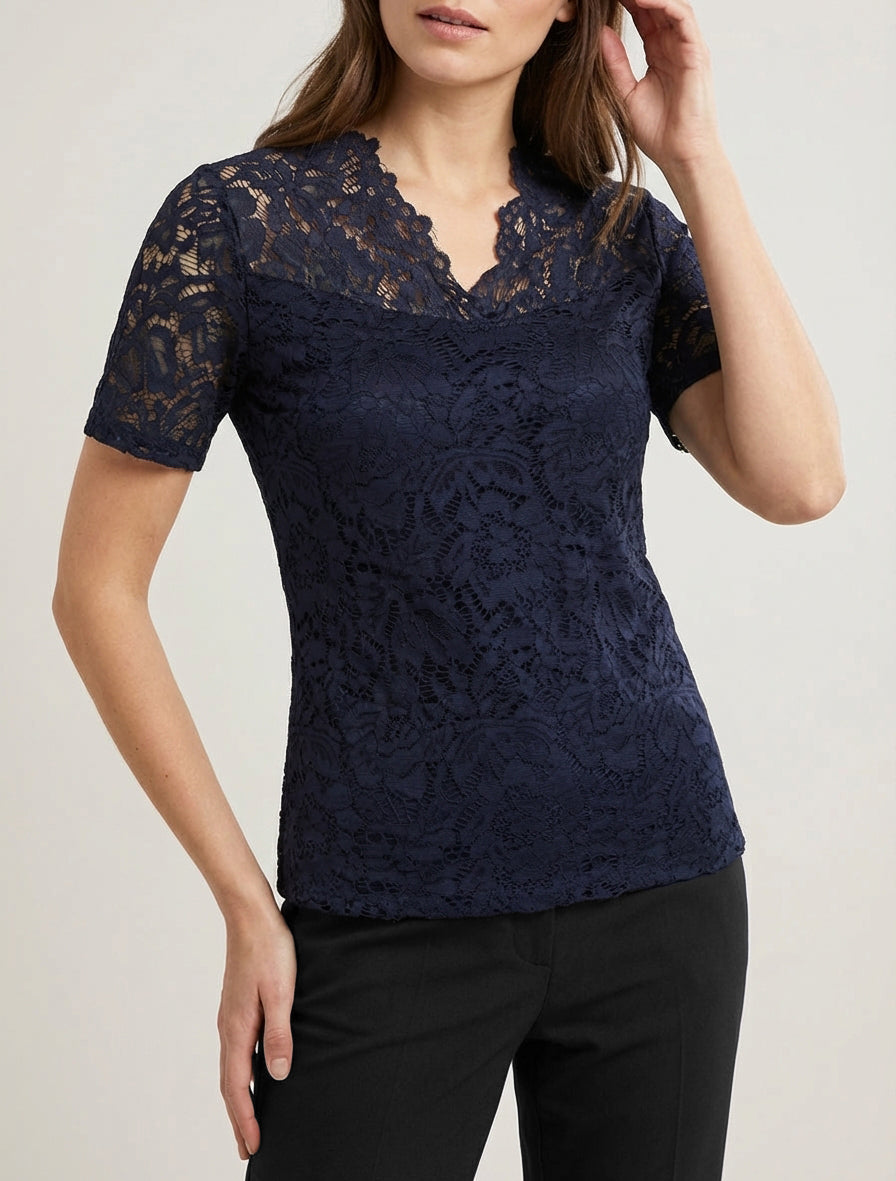 Top en dentelle col V - Marine