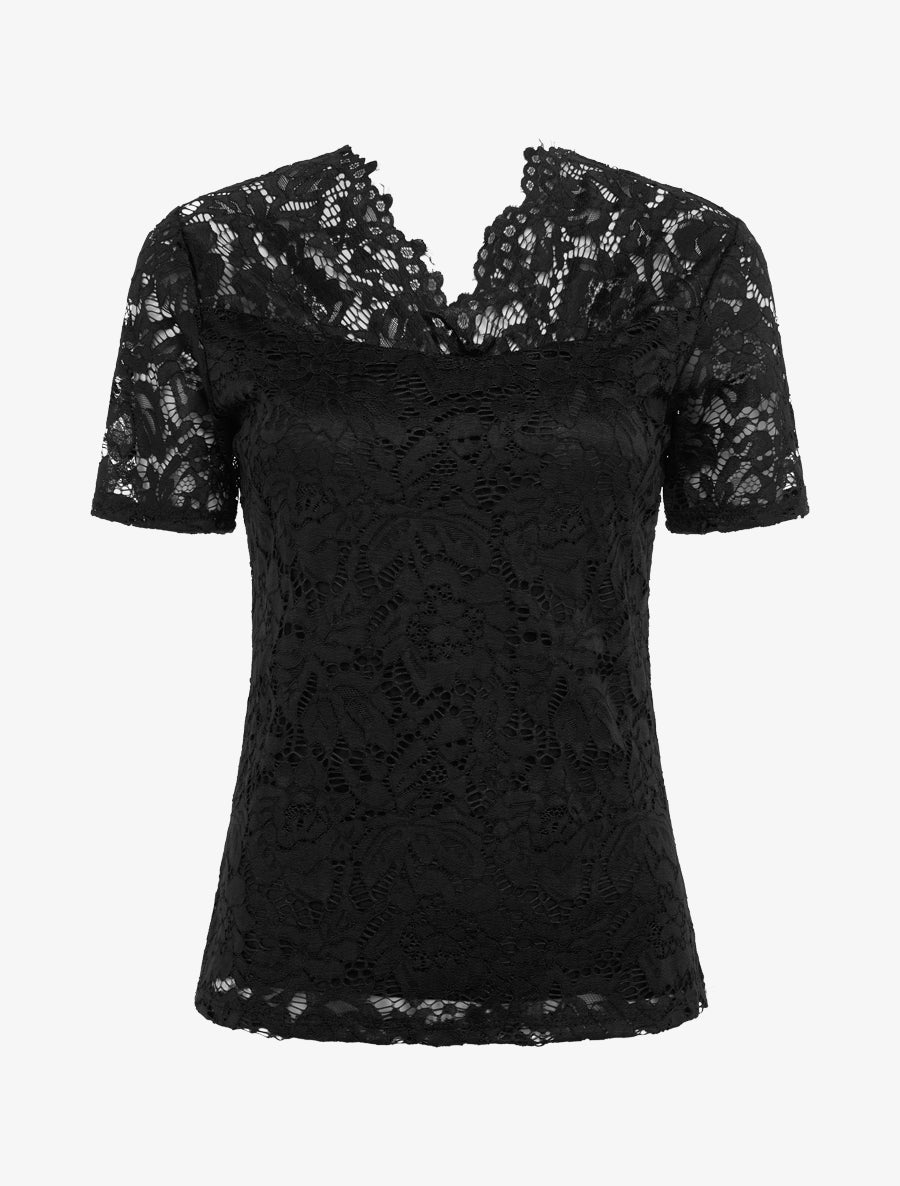 Top en dentelle à manches courtes - Noir - 1