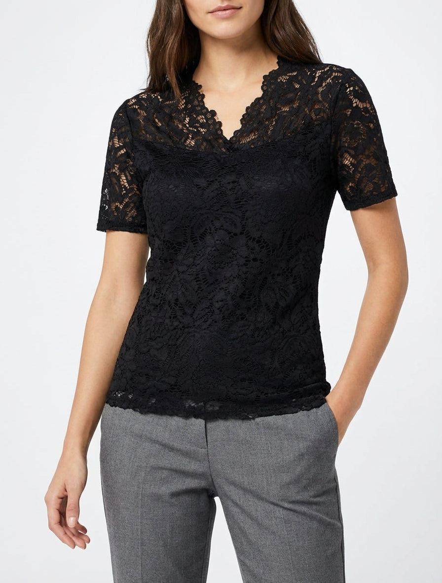 Top en dentelle col V - Noir