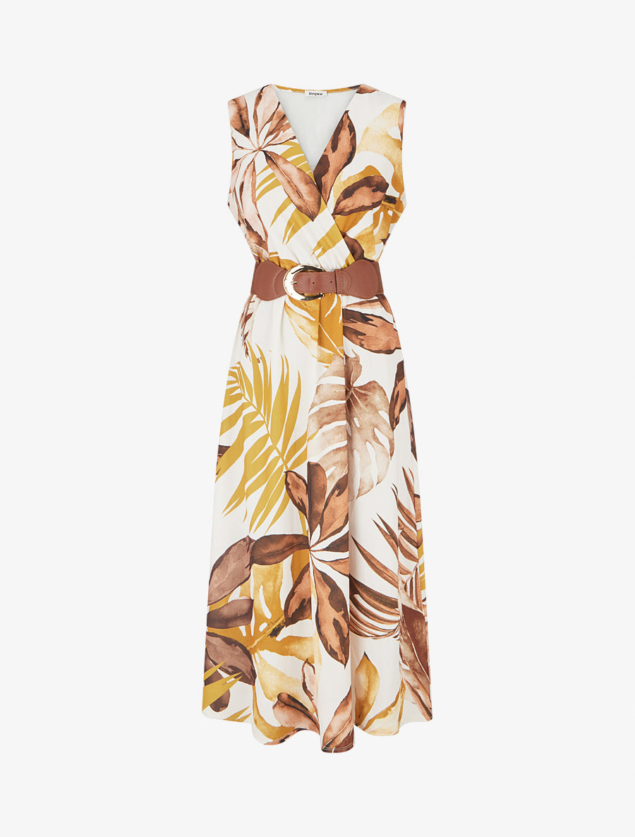 Robe sans manches imprimé feuillage - Jaune moutarde - 1