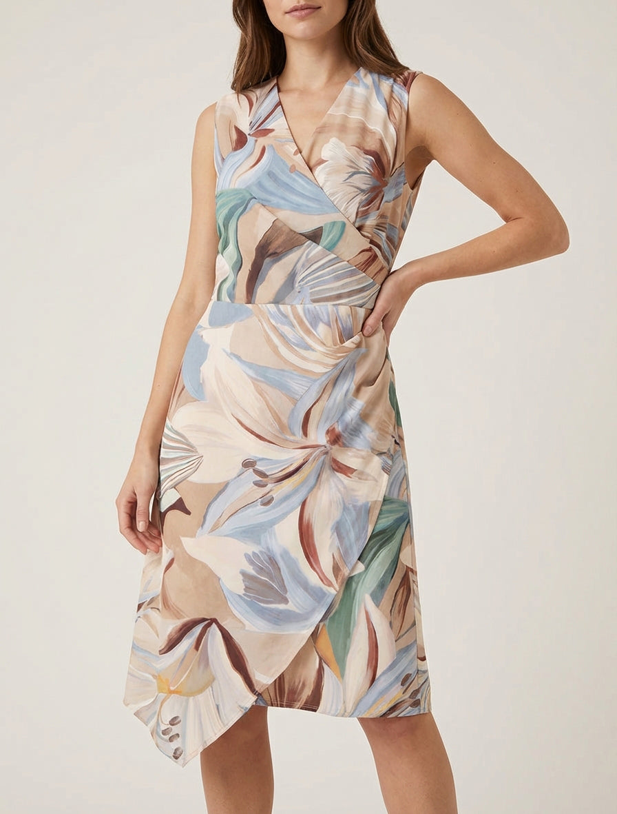 Robe portefeuille moulante fleurs de lys - Beige