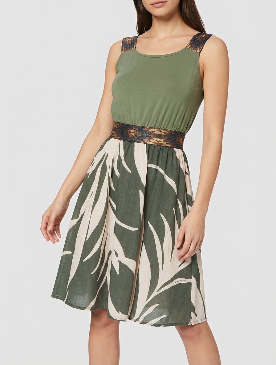 Robe fluide coupe patineuse imprimée - Kaki