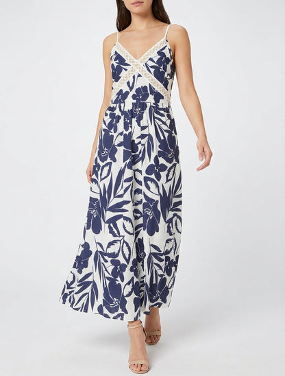 Robe fluide à col V brodé - Marine