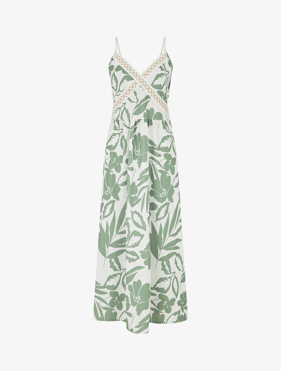 Robe fleurie à empiècement broderie - Kaki - 1