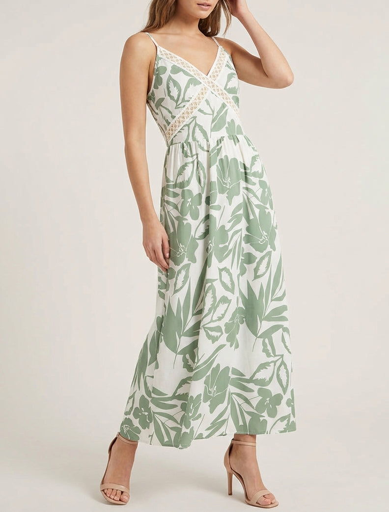 Robe fleurie col V brodé - Kaki
