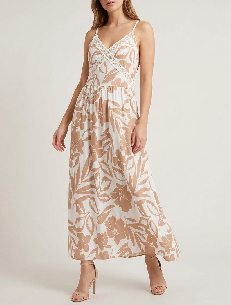 Robe fluide col V brodé - Camel