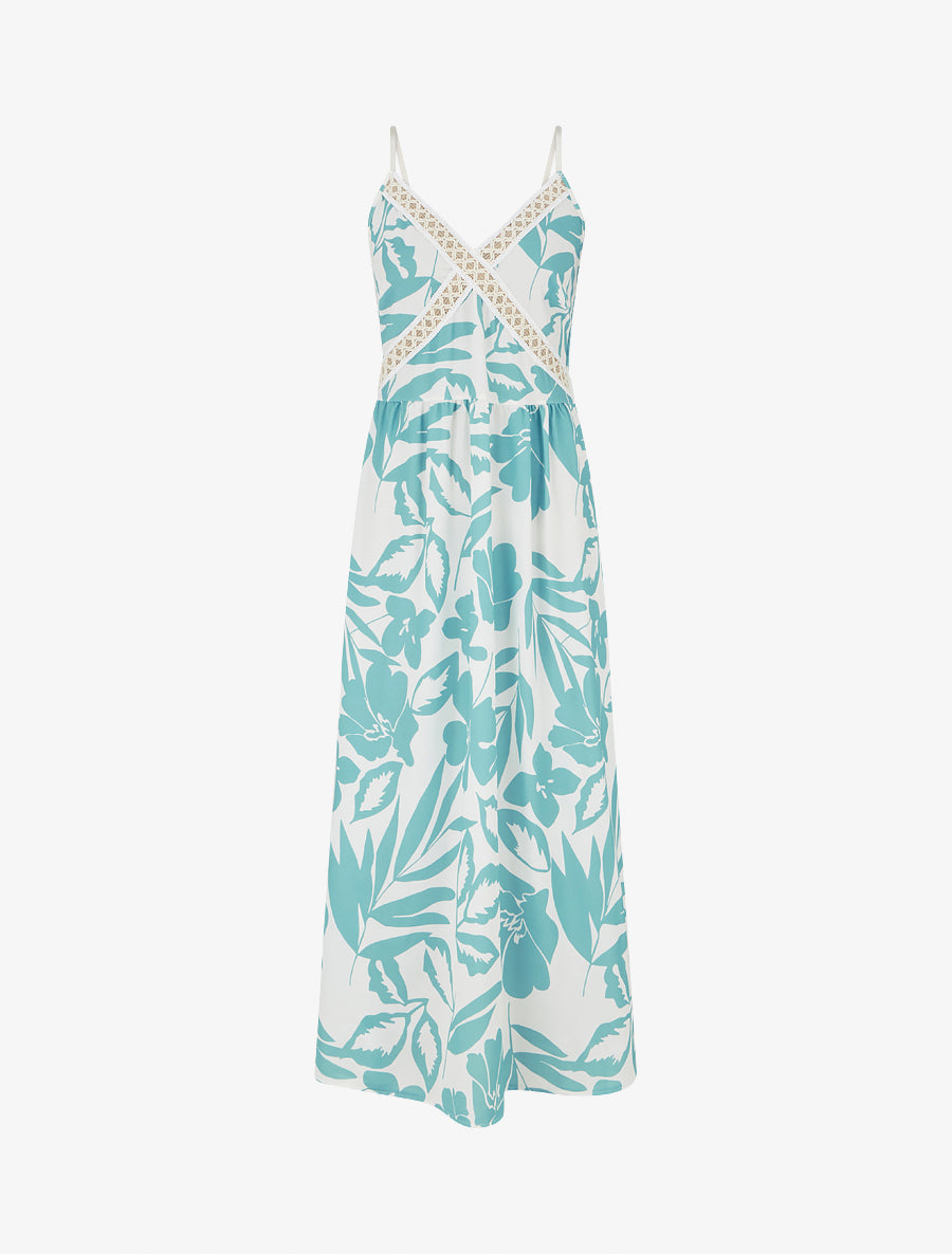Robe fleurie à empiècement broderie - Turquoise - 1