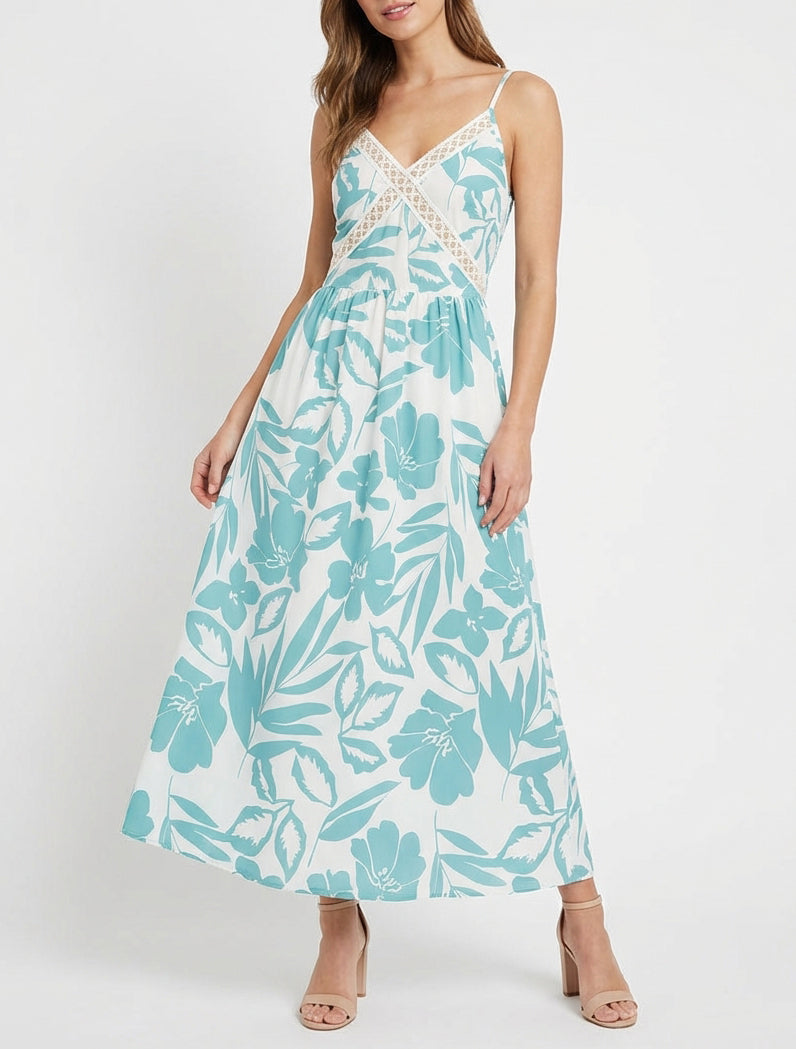 Robe fluide col V brodé - Turquoise