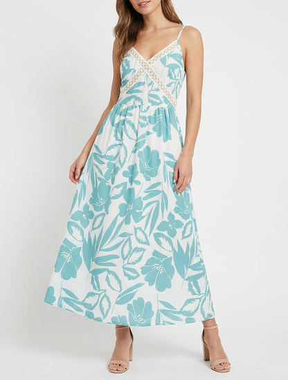 Robe fluide col V brodé - Turquoise