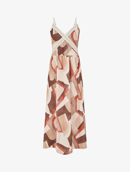 Robe imprimé graphique à empiècement broderie - Camel - 1