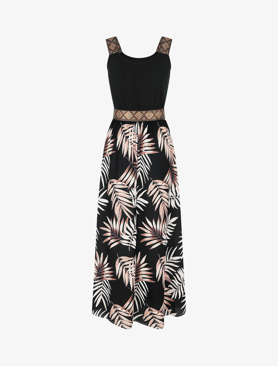 Robe imprimé feuillage à bretelles stylisées - Noir - 2