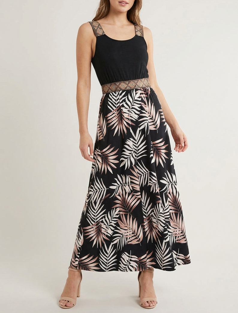 Robe fluide imprimé feuillage pailleté - Noir