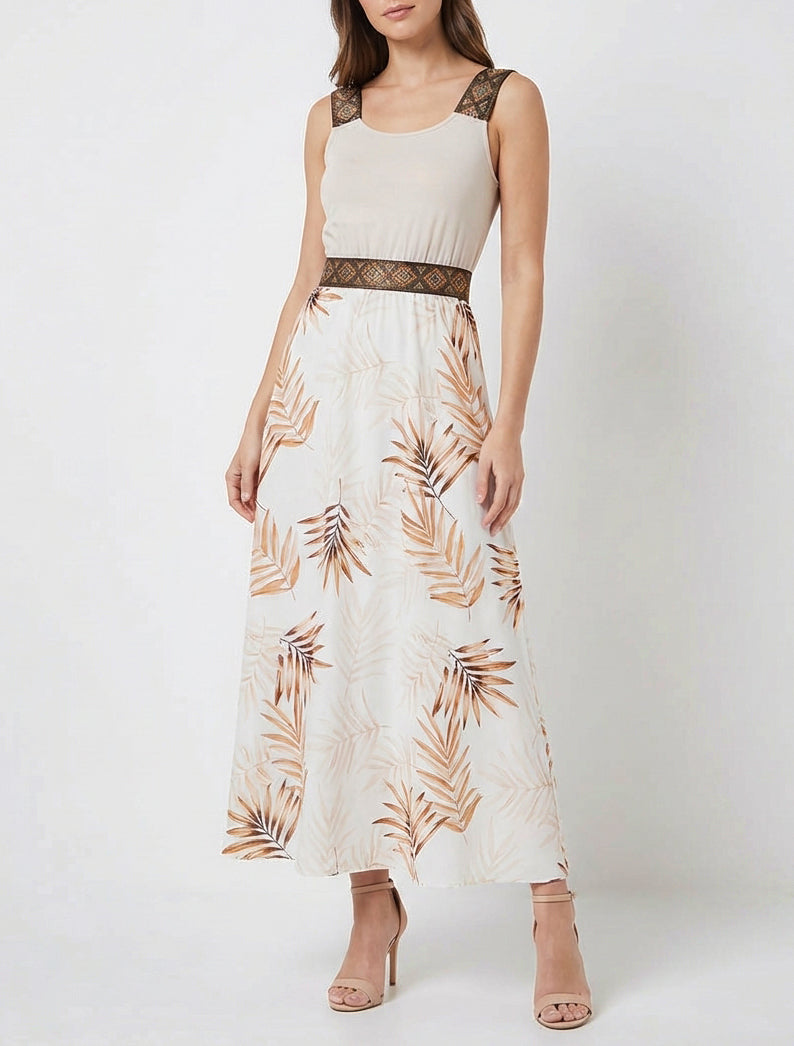 Robe fluide imprimé feuillage pailleté - Beige