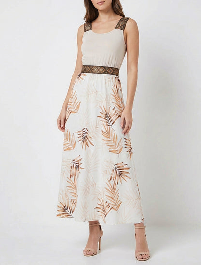 Robe fluide imprimé feuillage pailleté - Beige