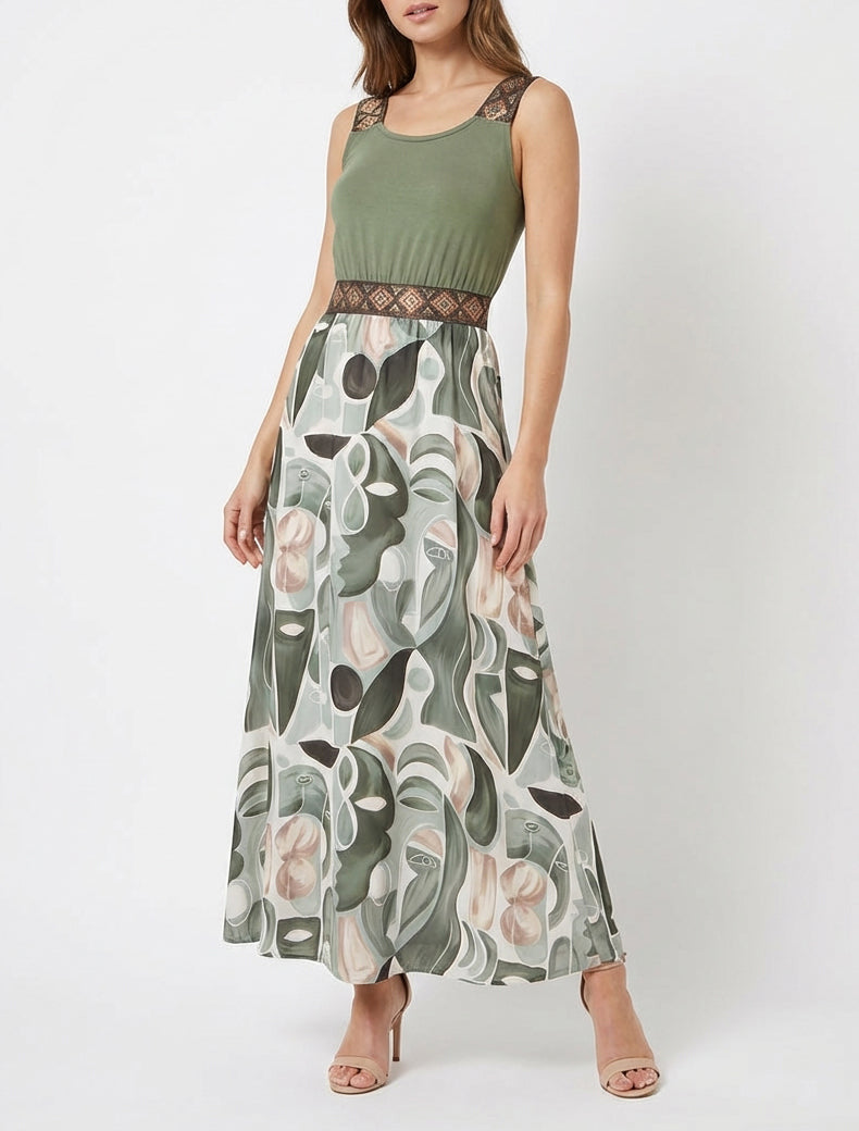 Robe fluide col rond à bretelles pailletées - Kaki